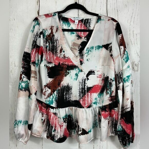 ‼️final must bundle‼️ Nine West Satin Blouse V-neck Ruffled Abstract Print - Picture 1 of 5